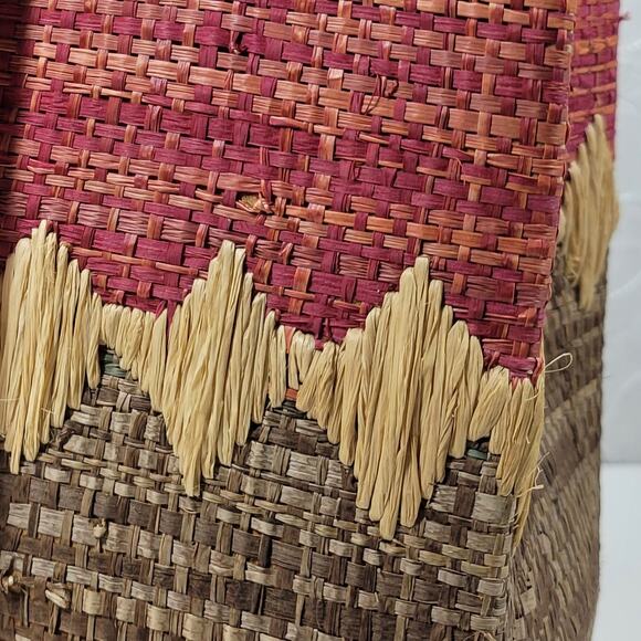 Crossing Pointe Raffia Beach Bag 14" Pink Brown Colorblock Tan Straw Diamond - Picture 5 of 16